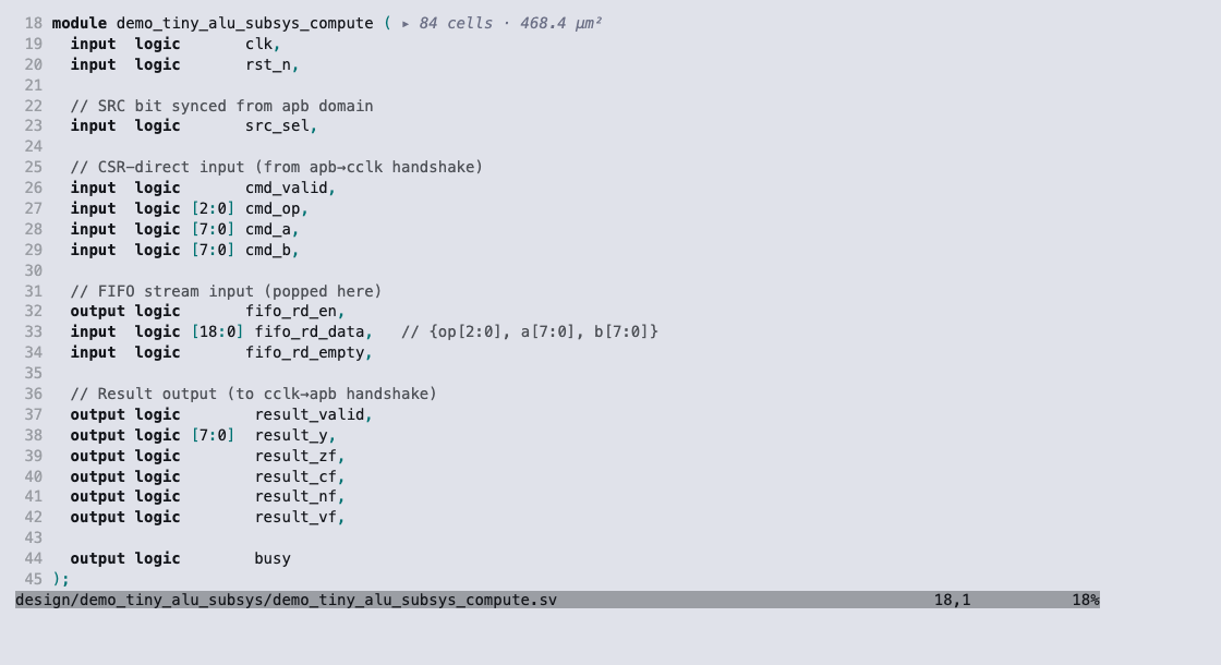 Neovim showing demo_tiny_alu_subsys_compute with 84 cells and 468.4 µm² rendered inline after the module declaration