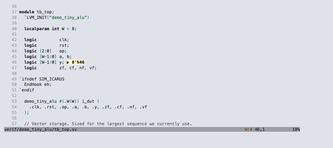 Neovim showing the tb_top testbench with the selected signal's value 8'h46 rendered inline after the declaration of y