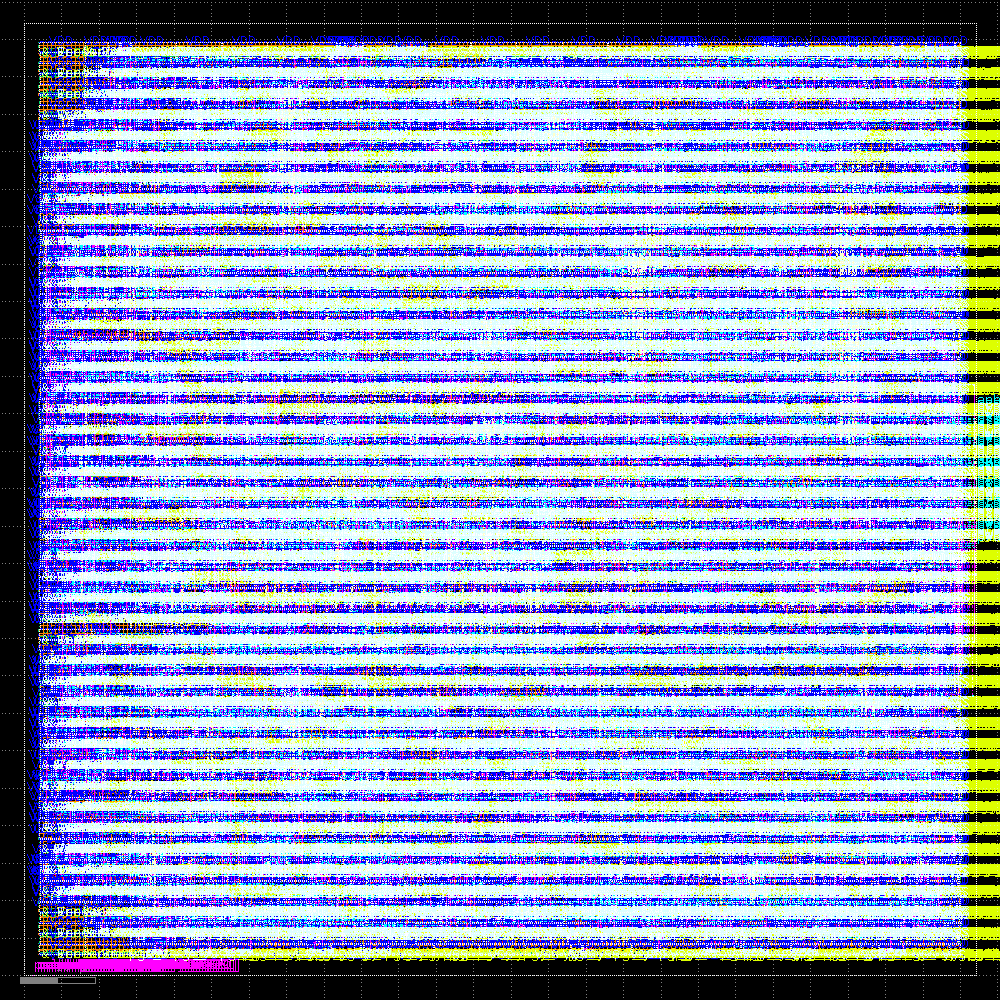KLayout render of the routed demo_tiny_alu_subsys GDS on Nangate45